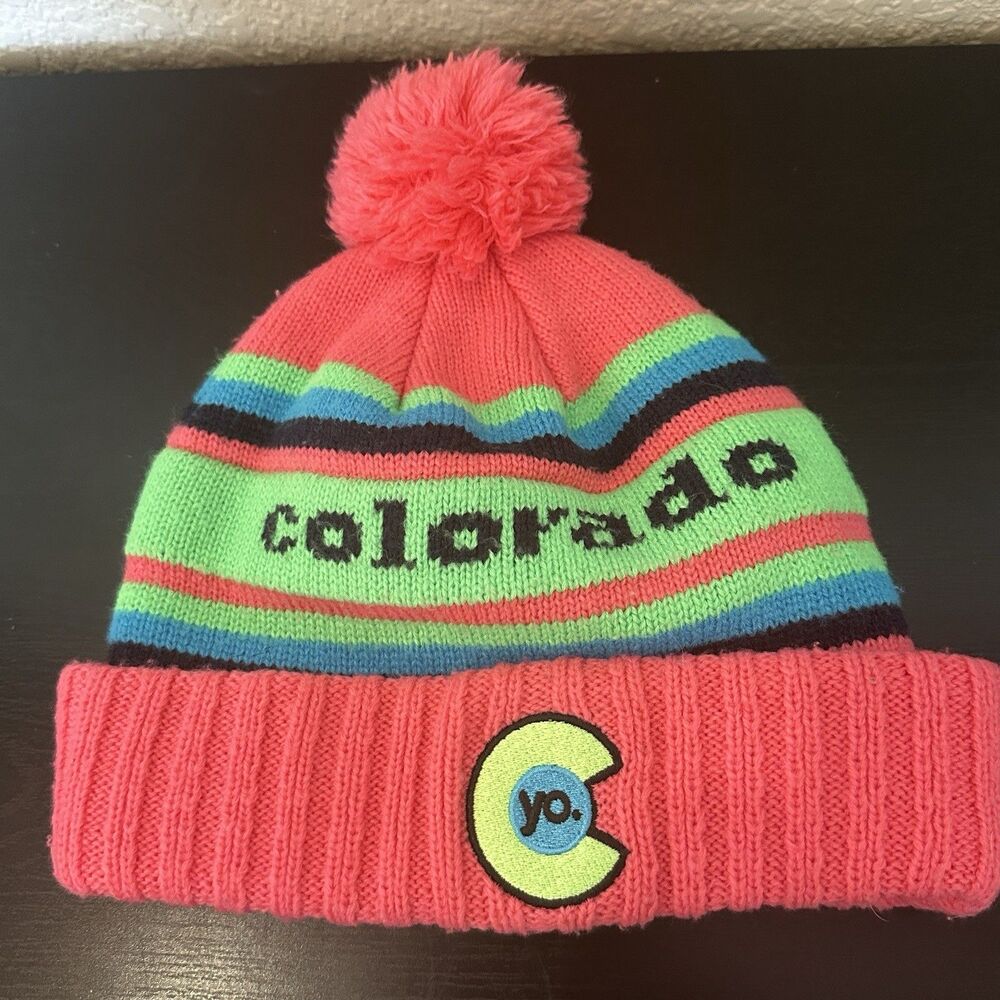 YoColorado Retro Flyer Beanie Cuff Bright Pink Green Pompom Puff